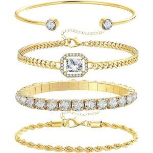 4 Pcs Dainty Gold Silver Bracelets Set for Women 14K Plated Link Cubic Zirconia